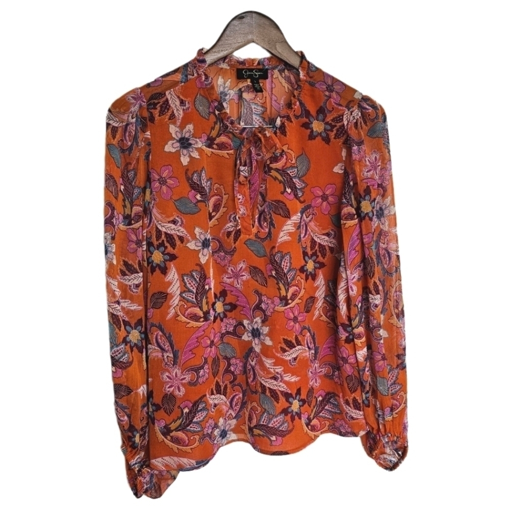Jessica Simpson boho floral orange puff sleeve top size large